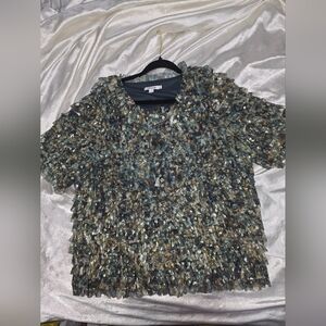 Chico's Foil Mesh Ruffle Top Deepest Spruce- Size 2